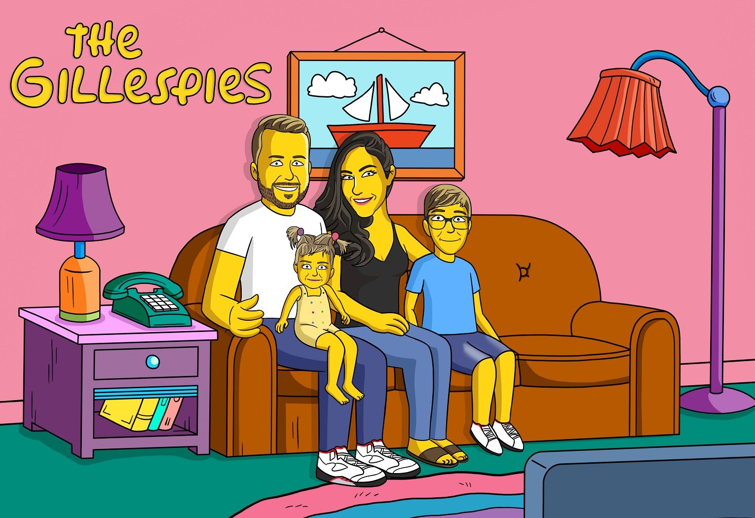 family with 2 children sitting on iconic couch