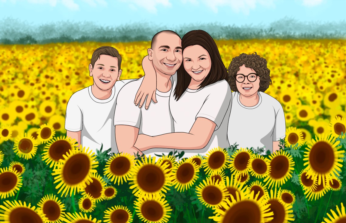family in field of sunflowers