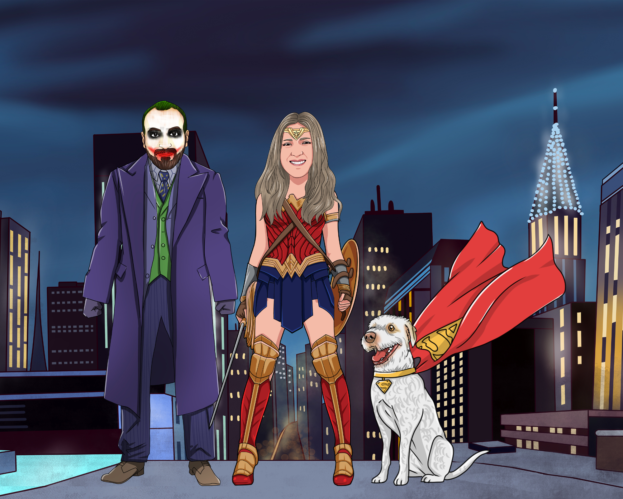 joker and wonder woman with super dog sitting on floor